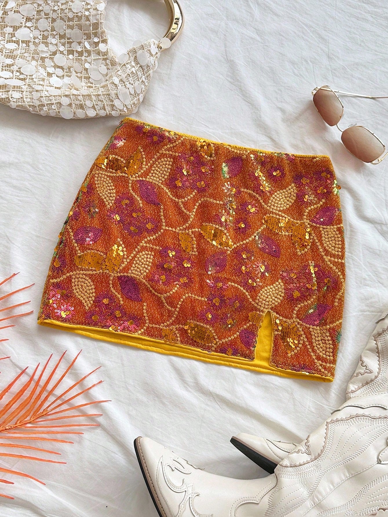 Soleia WYWH Vacation Romantic Party Vintage Western Style Orange Glitter Embroidered Low Waist High Slit Mini Skirt For Women Orange Orange Sequin Skirt