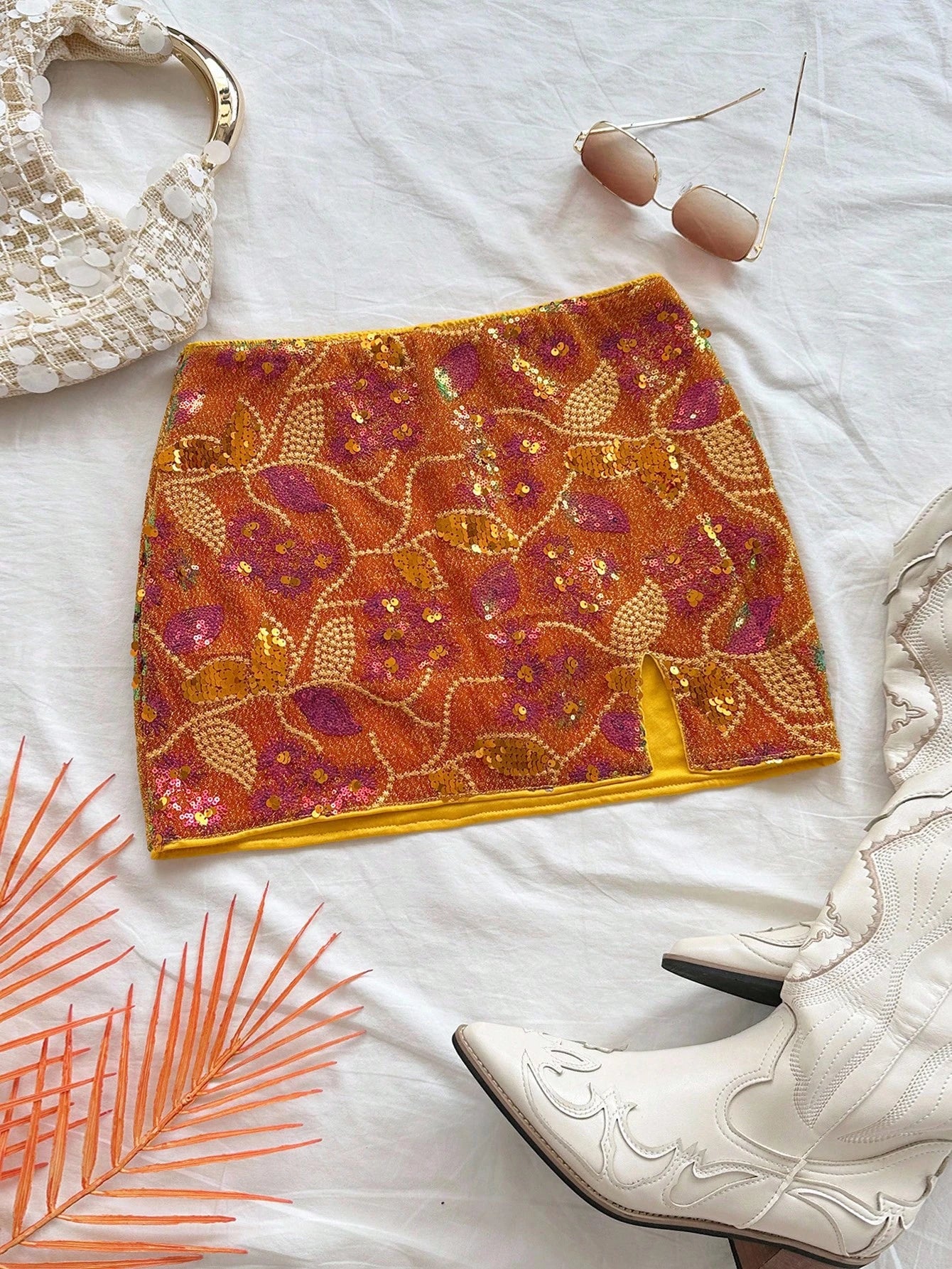 Soleia WYWH Vacation Romantic Party Vintage Western Style Orange Glitter Embroidered Low Waist High Slit Mini Skirt For Women Orange Orange Sequin Skirt
