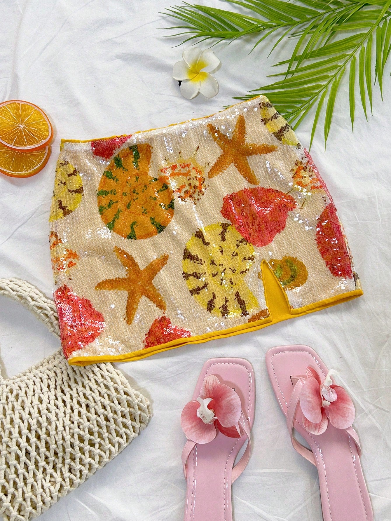 Soleia WYWH Vacation Romantic Party Vintage Western Style Orange Glitter Embroidered Low Waist High Slit Mini Skirt For Women Orange Orange Sequin Skirt