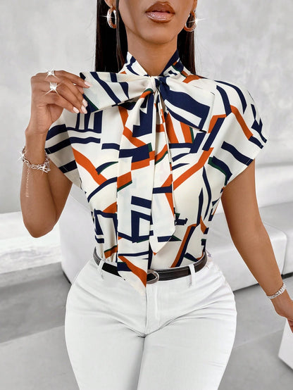 SOLERSUN Blue Bow Tie Blouse For Women, Suitable For Commuting And Casual Wear, Perfect For Spring And Summer, Ideal For Teachers.