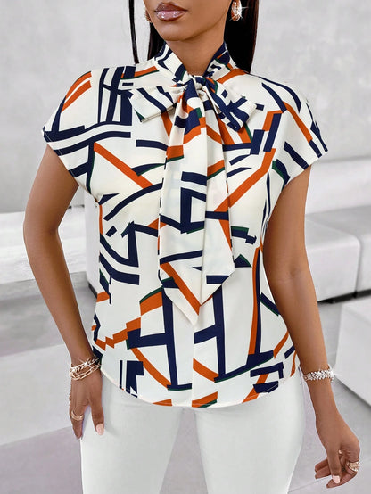 SOLERSUN Blue Bow Tie Blouse For Women, Suitable For Commuting And Casual Wear, Perfect For Spring And Summer, Ideal For Teachers.