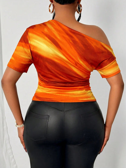 SOLERSUN Plus-Size Gradient Orange Off-Shoulder Short-Sleeved T-Shirt, Versatile For Everyday Casual Sexy Wear. Birthday Party Summer