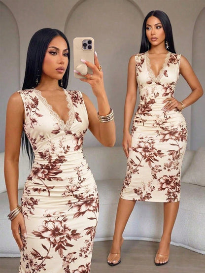 SOLERSUN Women's Leopard Print Lace Deep V-Neck Slim Midi Dress,Tangerine Summer Elegant Date Night Sleeveless Bodycon Outfit For Holiday Party,Commuting