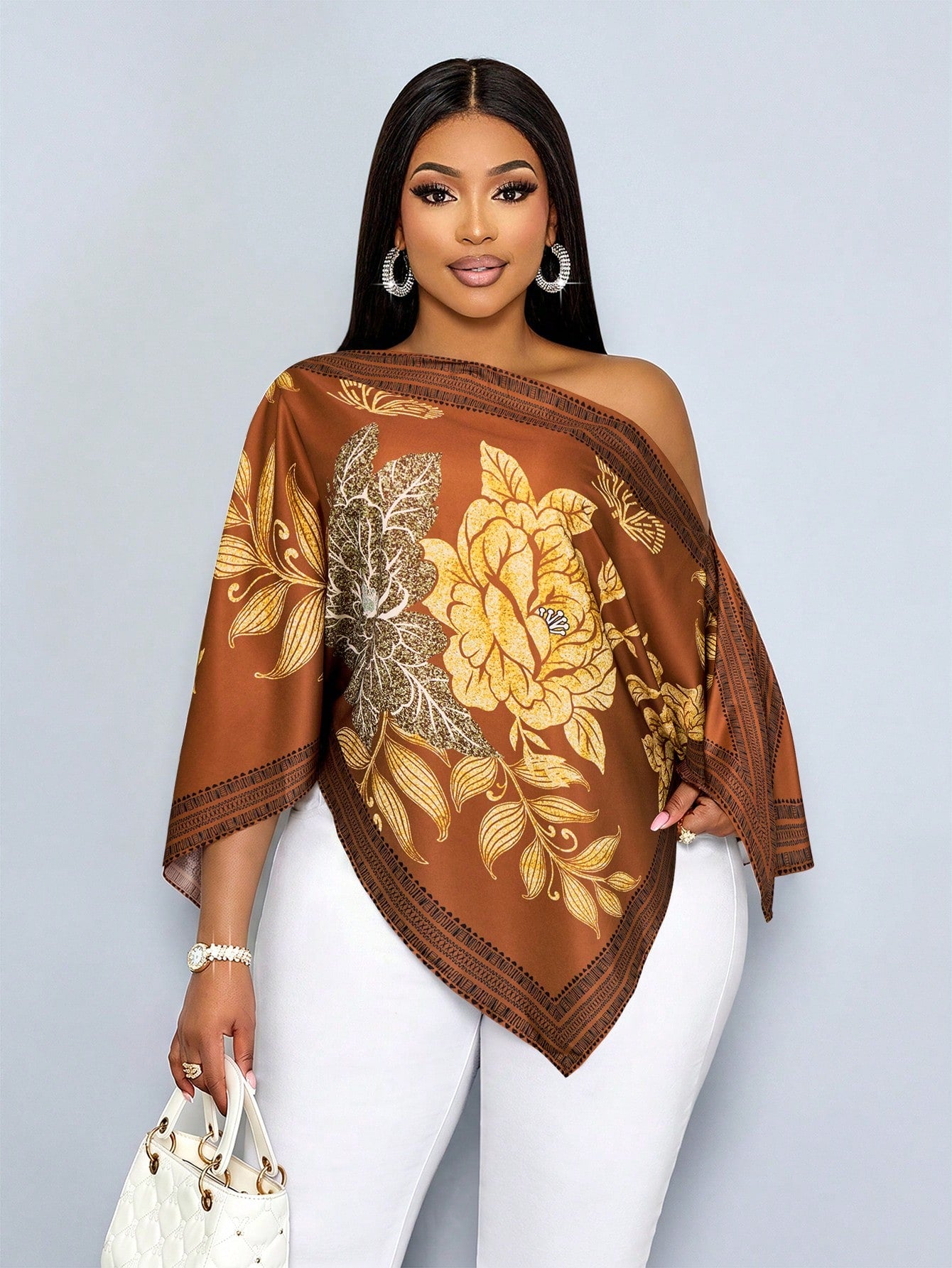 SOLERSUN Women's Plus Size Casual Elegant Apricot Patterned Asymmetric Neck Long Sleeve Asymmetrical Hem Blouse Oblique Shoulder Split Sleeve Loose Fashionable Shirt Vintage Sunset Holiday Print Batwi