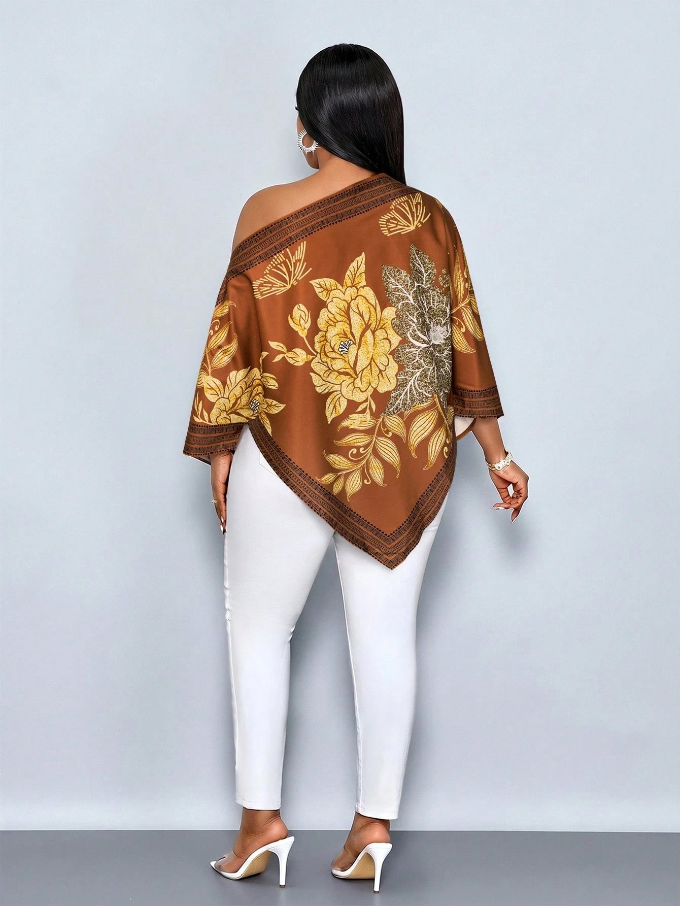 SOLERSUN Women's Plus Size Casual Elegant Apricot Patterned Asymmetric Neck Long Sleeve Asymmetrical Hem Blouse Oblique Shoulder Split Sleeve Loose Fashionable Shirt Vintage Sunset Holiday Print Batwi