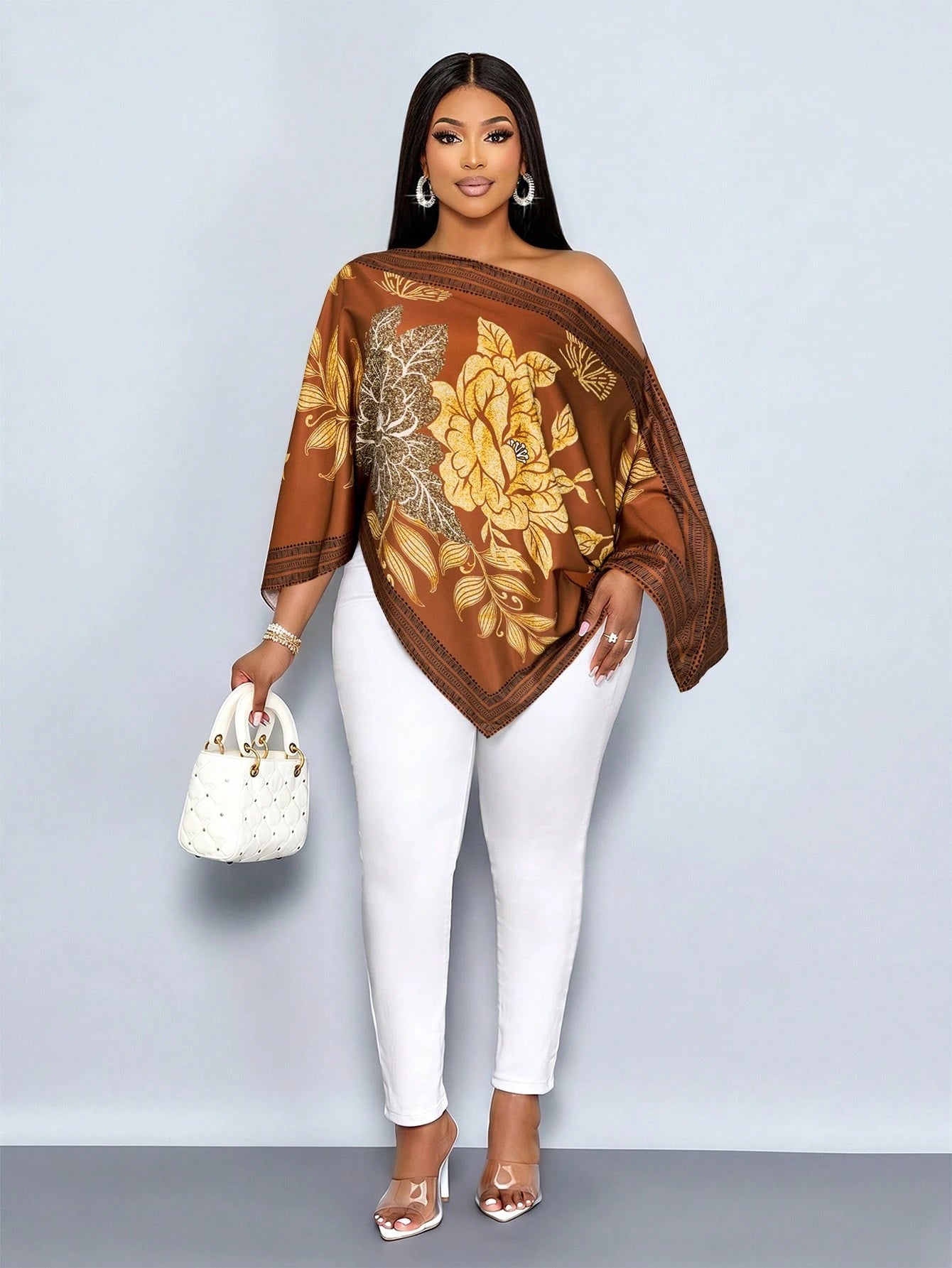SOLERSUN Women's Plus Size Casual Elegant Apricot Patterned Asymmetric Neck Long Sleeve Asymmetrical Hem Blouse Oblique Shoulder Split Sleeve Loose Fashionable Shirt Vintage Sunset Holiday Print Batwi