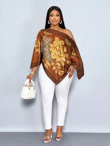 SOLERSUN Women's Plus Size Casual Elegant Apricot Patterned Asymmetric Neck Long Sleeve Asymmetrical Hem Blouse Oblique Shoulder Split Sleeve Loose Fashionable Shirt Vintage Sunset Holiday Print Batwi