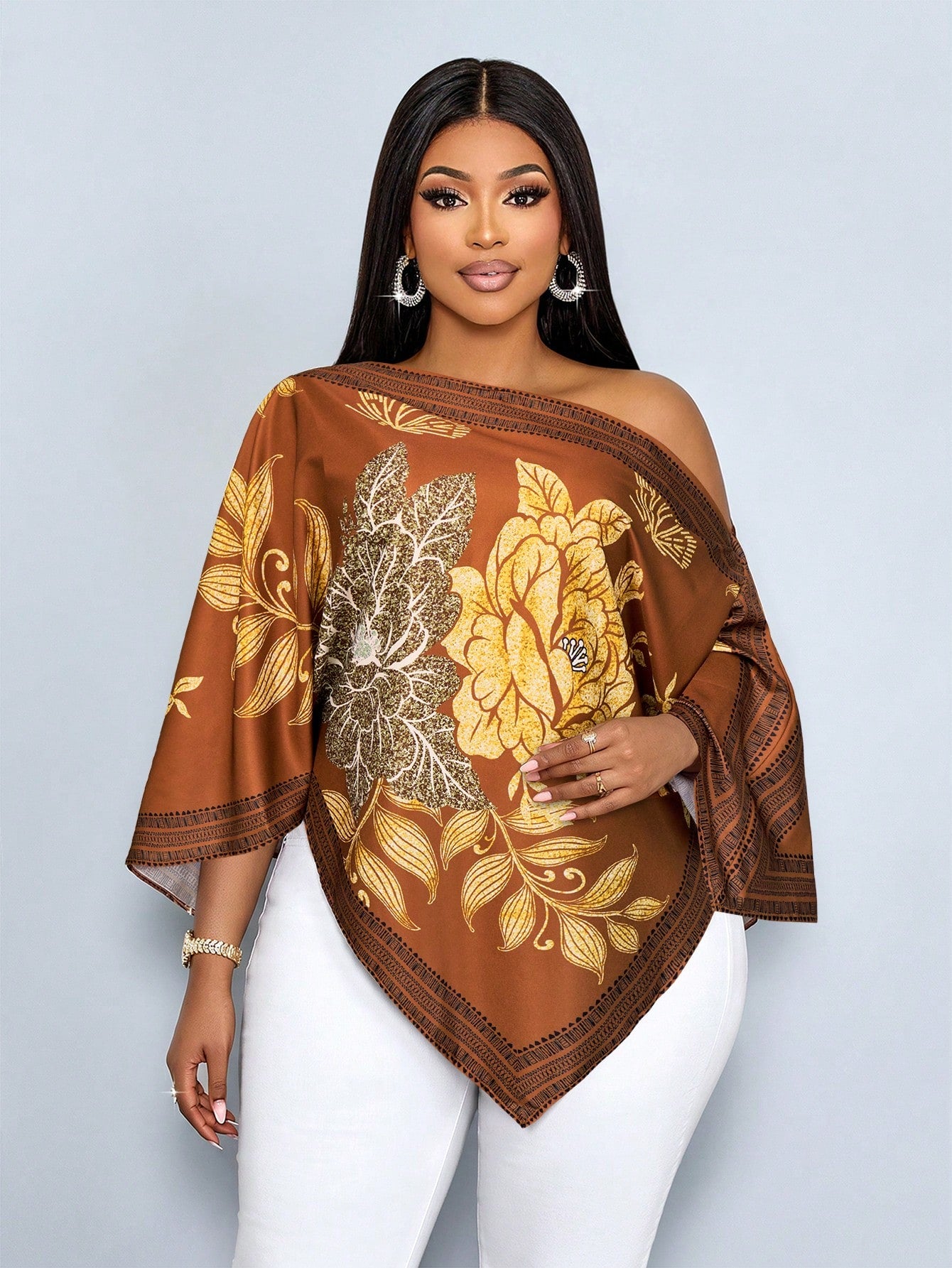 SOLERSUN Women's Plus Size Casual Elegant Apricot Patterned Asymmetric Neck Long Sleeve Asymmetrical Hem Blouse Oblique Shoulder Split Sleeve Loose Fashionable Shirt Vintage Sunset Holiday Print Batwi