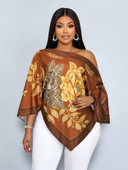 SOLERSUN Women's Plus Size Casual Elegant Apricot Patterned Asymmetric Neck Long Sleeve Asymmetrical Hem Blouse Oblique Shoulder Split Sleeve Loose Fashionable Shirt Vintage Sunset Holiday Print Batwi
