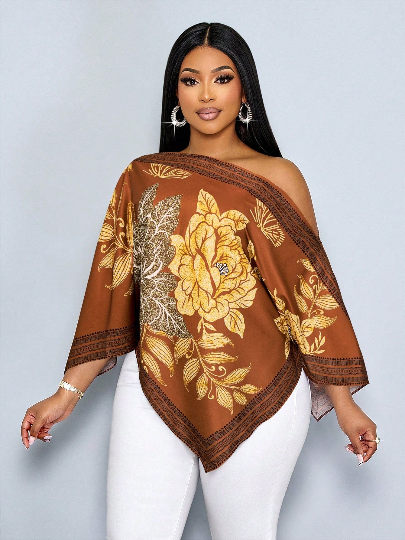 SOLERSUN Women's Plus Size Casual Elegant Apricot Patterned Asymmetric Neck Long Sleeve Asymmetrical Hem Blouse Oblique Shoulder Split Sleeve Loose Fashionable Shirt Vintage Sunset Holiday Print Batwi