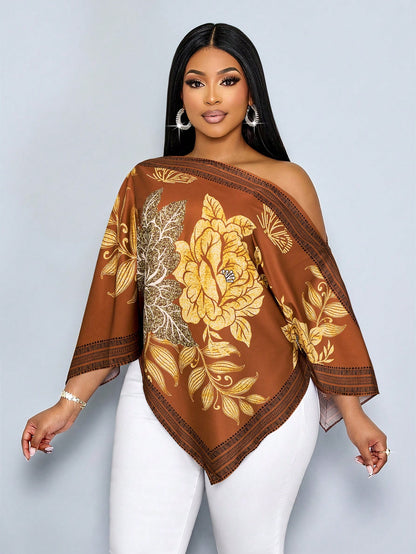 SOLERSUN Women's Plus Size Casual Elegant Apricot Patterned Asymmetric Neck Long Sleeve Asymmetrical Hem Blouse Oblique Shoulder Split Sleeve Loose Fashionable Shirt Vintage Sunset Holiday Print Batwi
