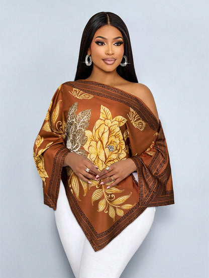 SOLERSUN Women's Plus Size Casual Elegant Apricot Patterned Asymmetric Neck Long Sleeve Asymmetrical Hem Blouse Oblique Shoulder Split Sleeve Loose Fashionable Shirt Vintage Sunset Holiday Print Batwi