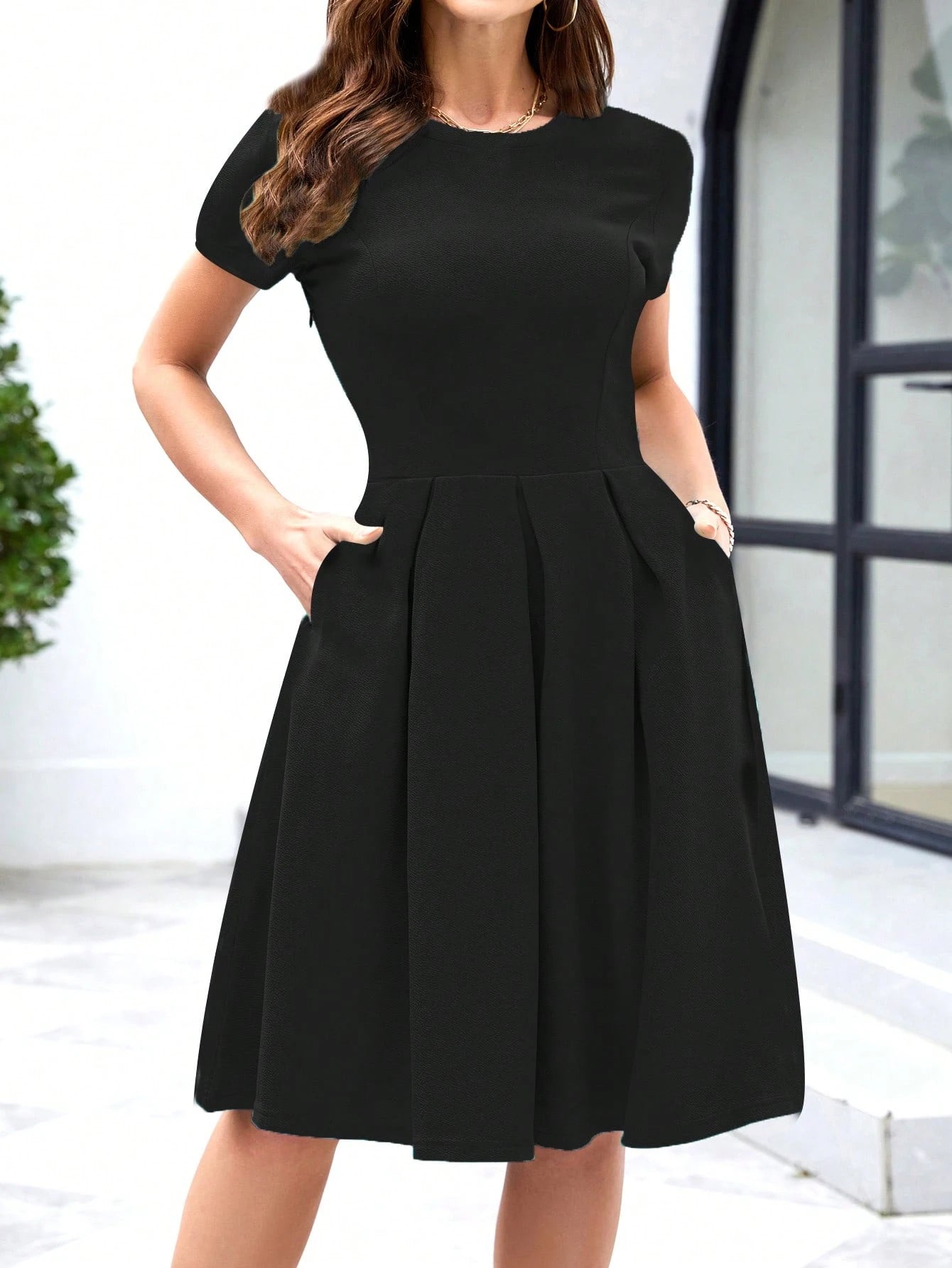 Solid Slant Pocket Fold Pleated Dress Casual Black Summer Elegant
