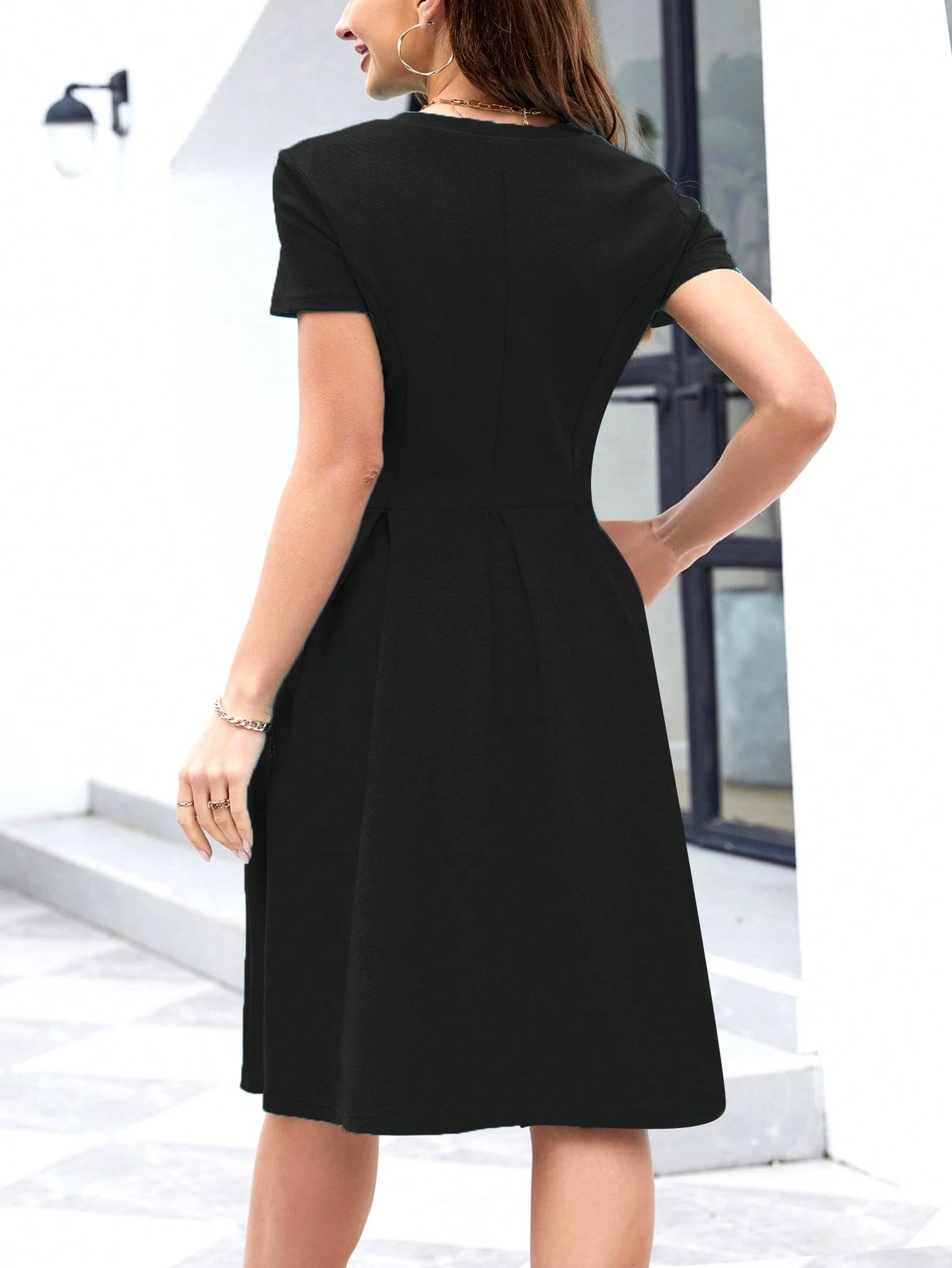 Solid Slant Pocket Fold Pleated Dress Casual Black Summer Elegant