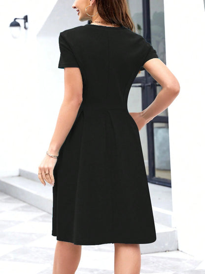 Solid Slant Pocket Fold Pleated Dress Casual Black Summer Elegant