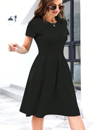 Solid Slant Pocket Fold Pleated Dress Casual Black Summer Elegant