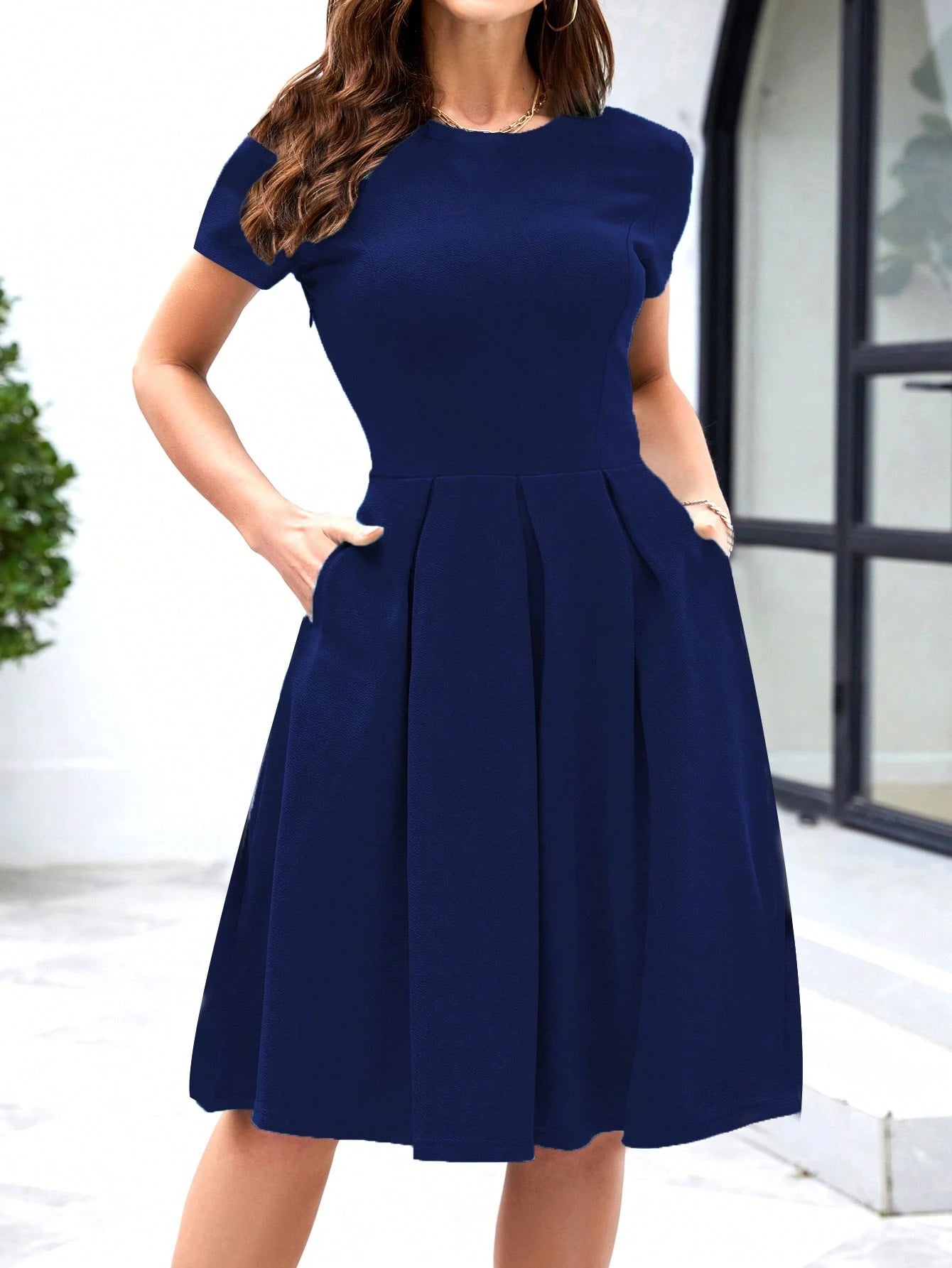 Solid Slant Pocket Fold Pleated Dress Casual Black Summer Elegant