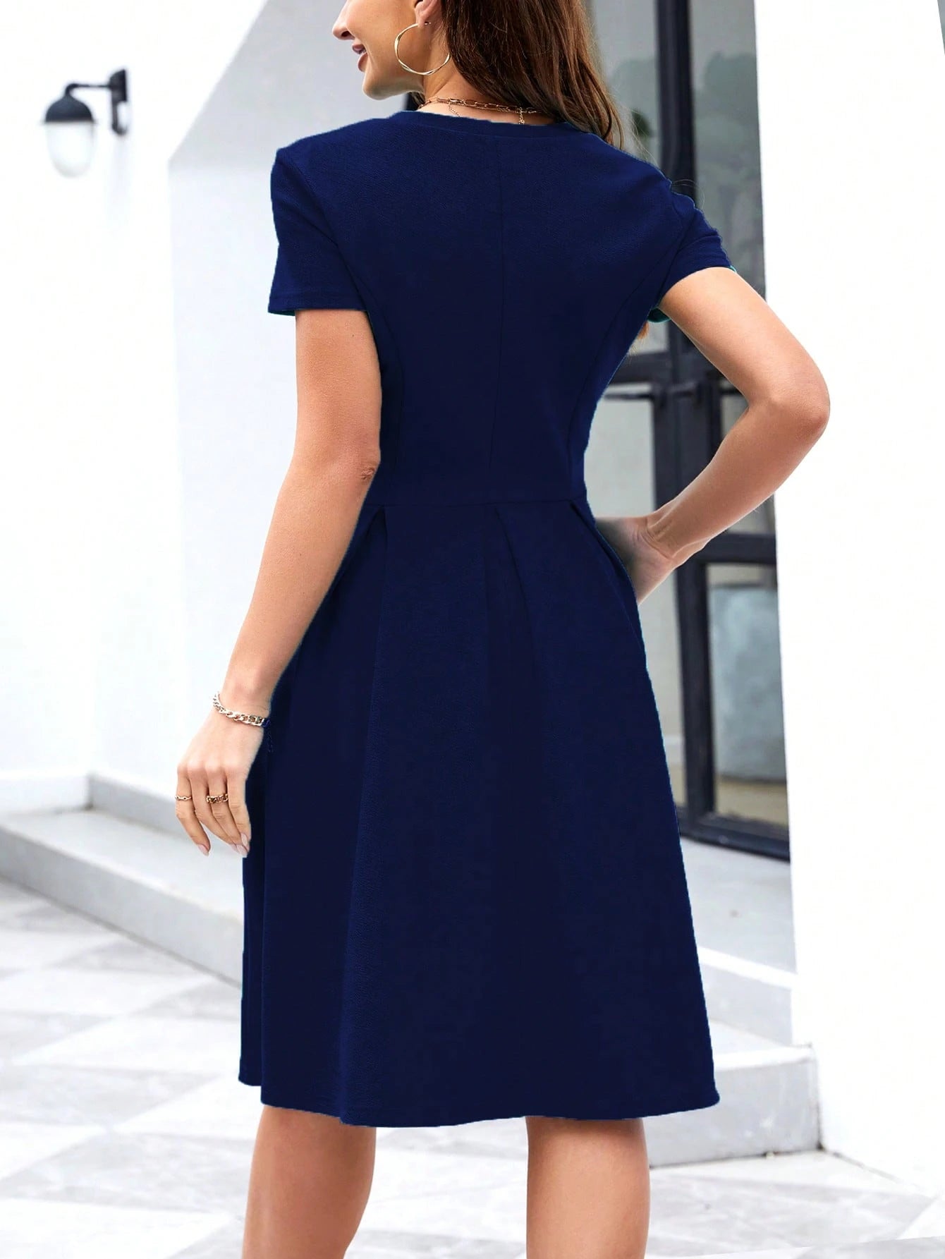 Solid Slant Pocket Fold Pleated Dress Casual Black Summer Elegant
