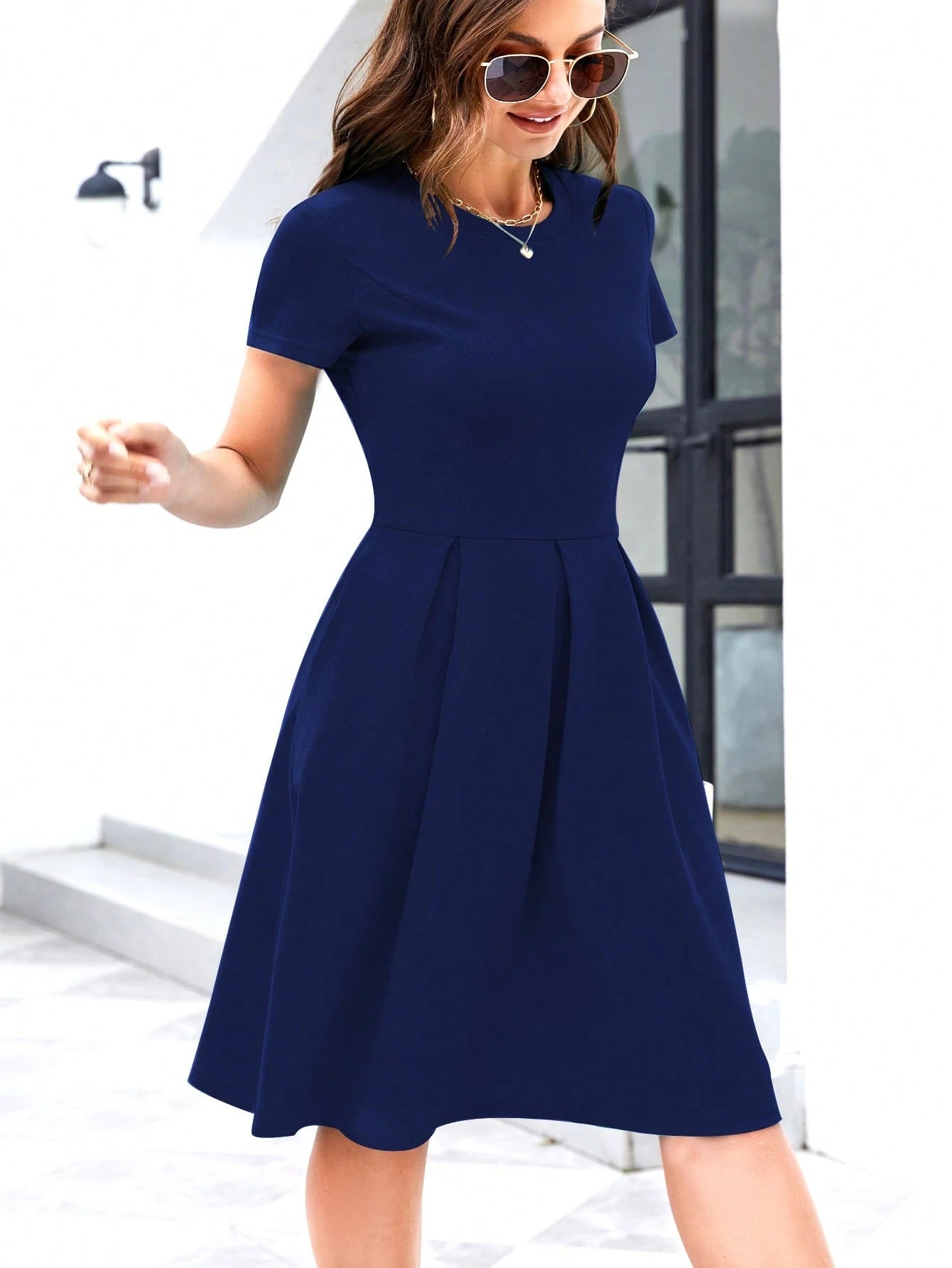 Solid Slant Pocket Fold Pleated Dress Casual Black Summer Elegant
