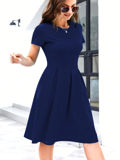 Solid Slant Pocket Fold Pleated Dress Casual Black Summer Elegant