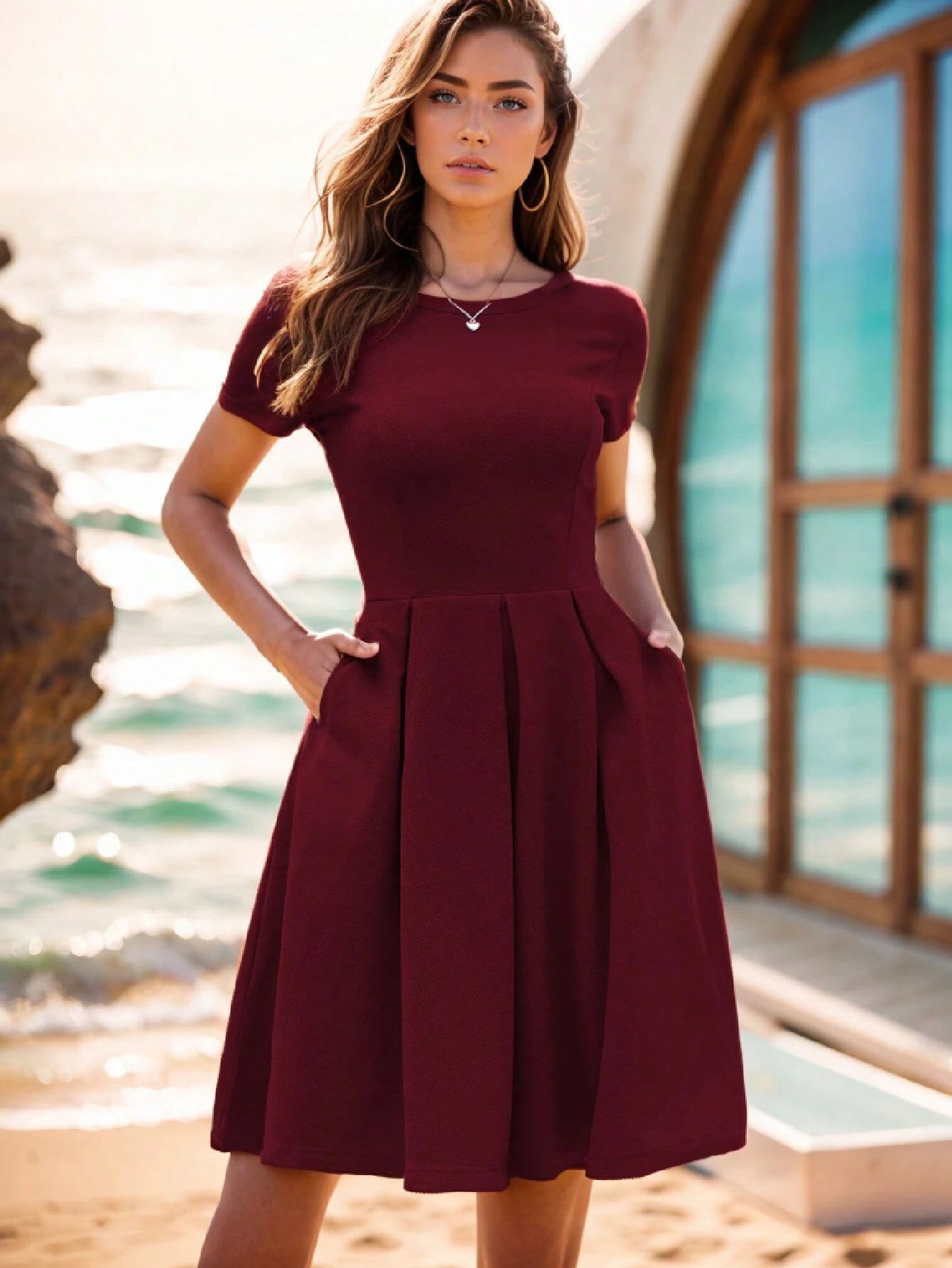Solid Slant Pocket Fold Pleated Dress Casual Black Summer Elegant