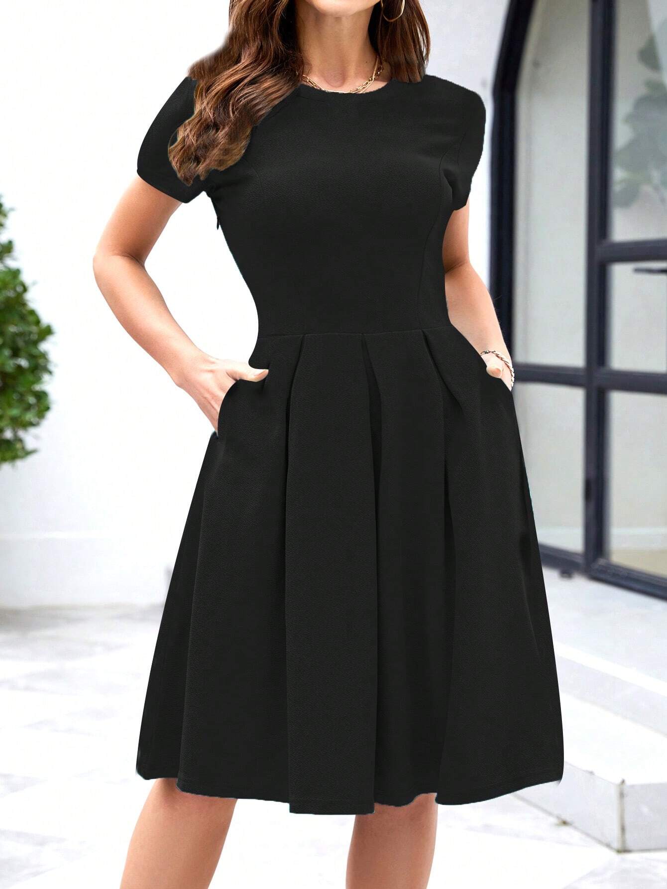 Solid Slant Pocket Fold Pleated Dress Casual Black Summer Elegant
