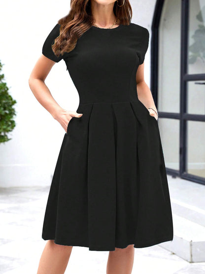 Solid Slant Pocket Fold Pleated Dress Casual Black Summer Elegant