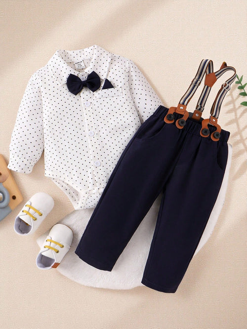 Souflis Souflis Baby Boy Polka Dot Printed Romper With Braces & Long Pants Gentleman Outfit Set