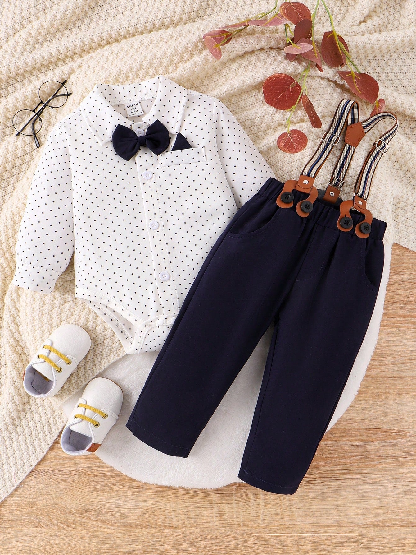 Souflis Souflis Baby Boy Polka Dot Printed Romper With Braces & Long Pants Gentleman Outfit Set
