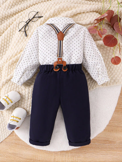 Souflis Souflis Baby Boy Polka Dot Printed Romper With Braces & Long Pants Gentleman Outfit Set