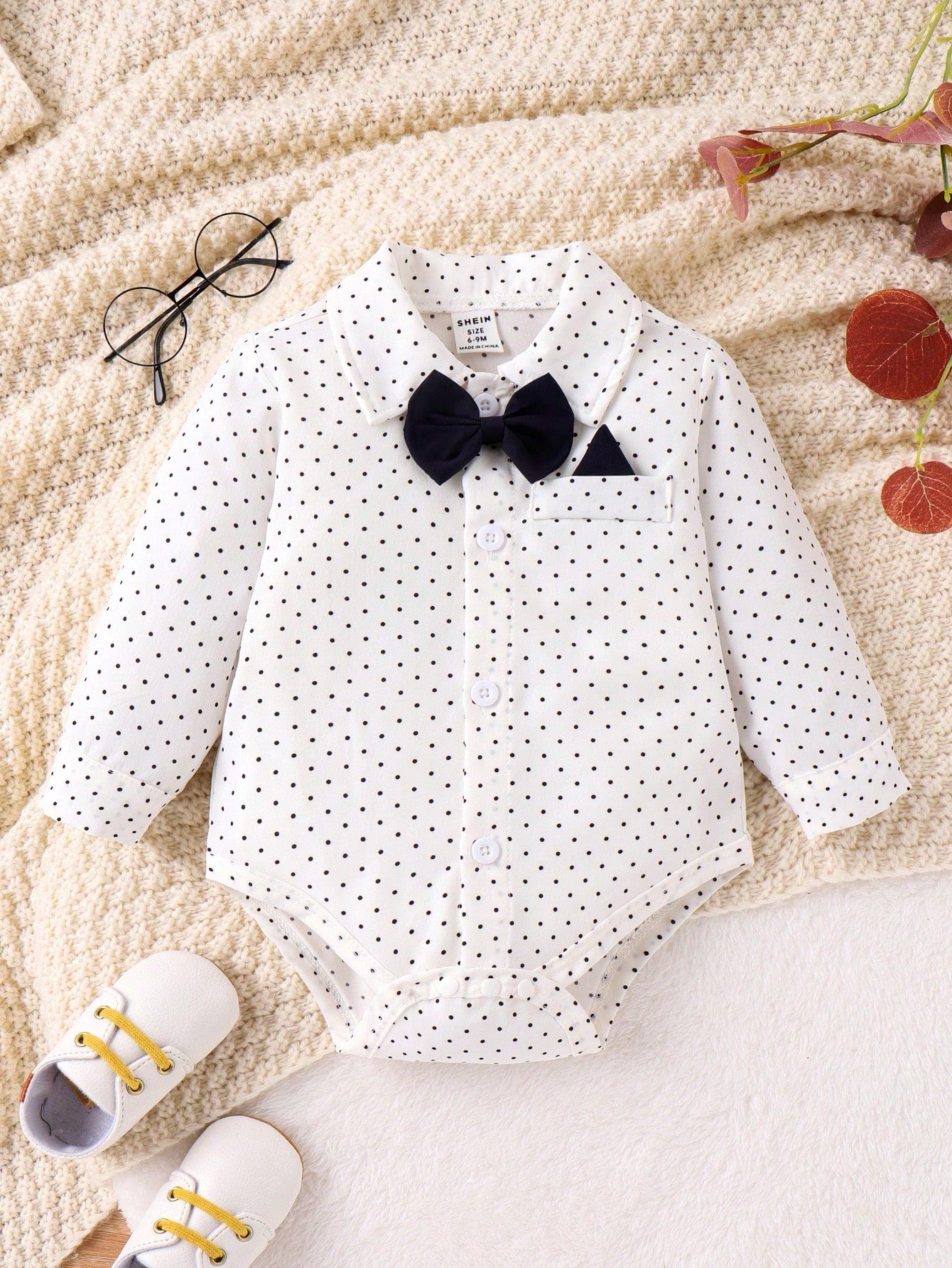 Souflis Souflis Baby Boy Polka Dot Printed Romper With Braces & Long Pants Gentleman Outfit Set