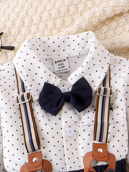Souflis Souflis Baby Boy Polka Dot Printed Romper With Braces & Long Pants Gentleman Outfit Set