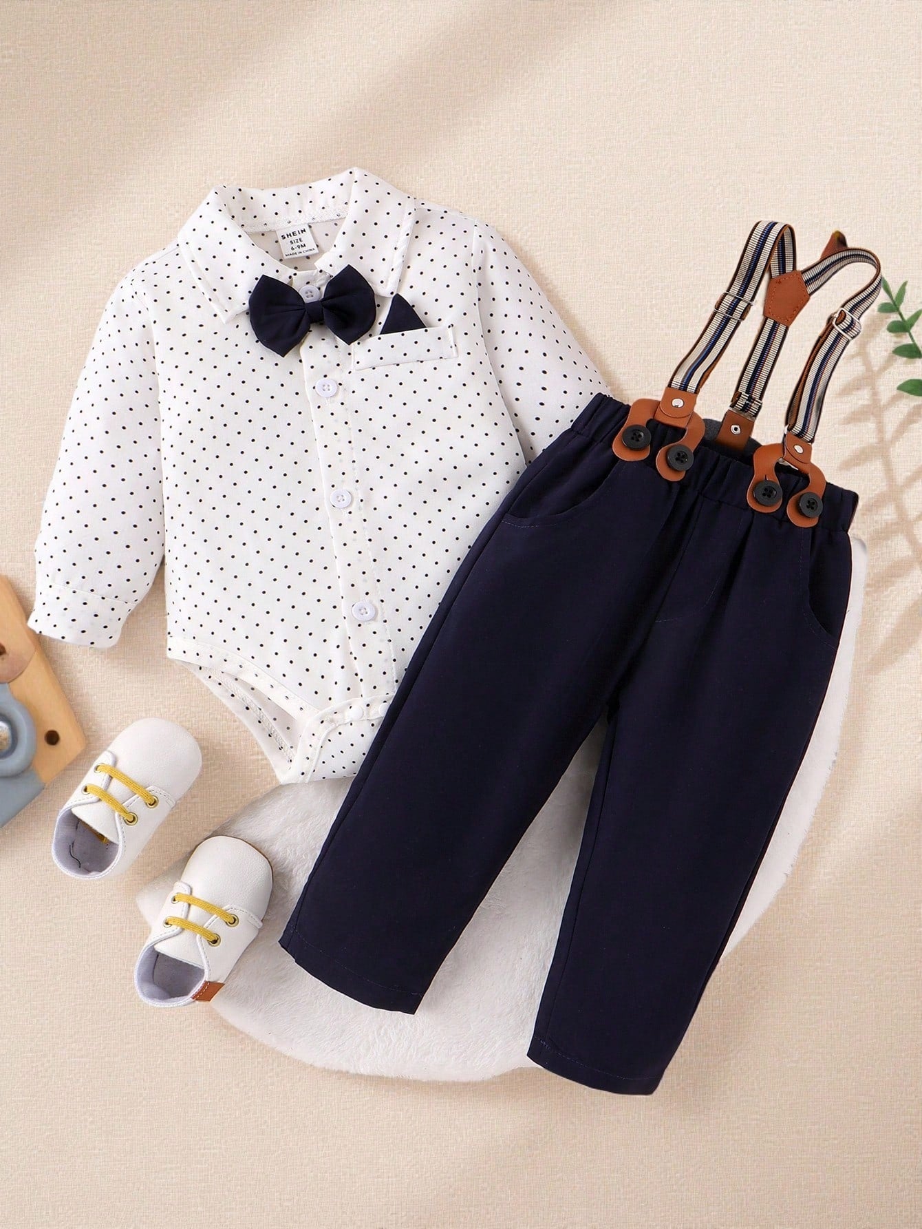 Souflis Souflis Baby Boy Polka Dot Printed Romper With Braces & Long Pants Gentleman Outfit Set