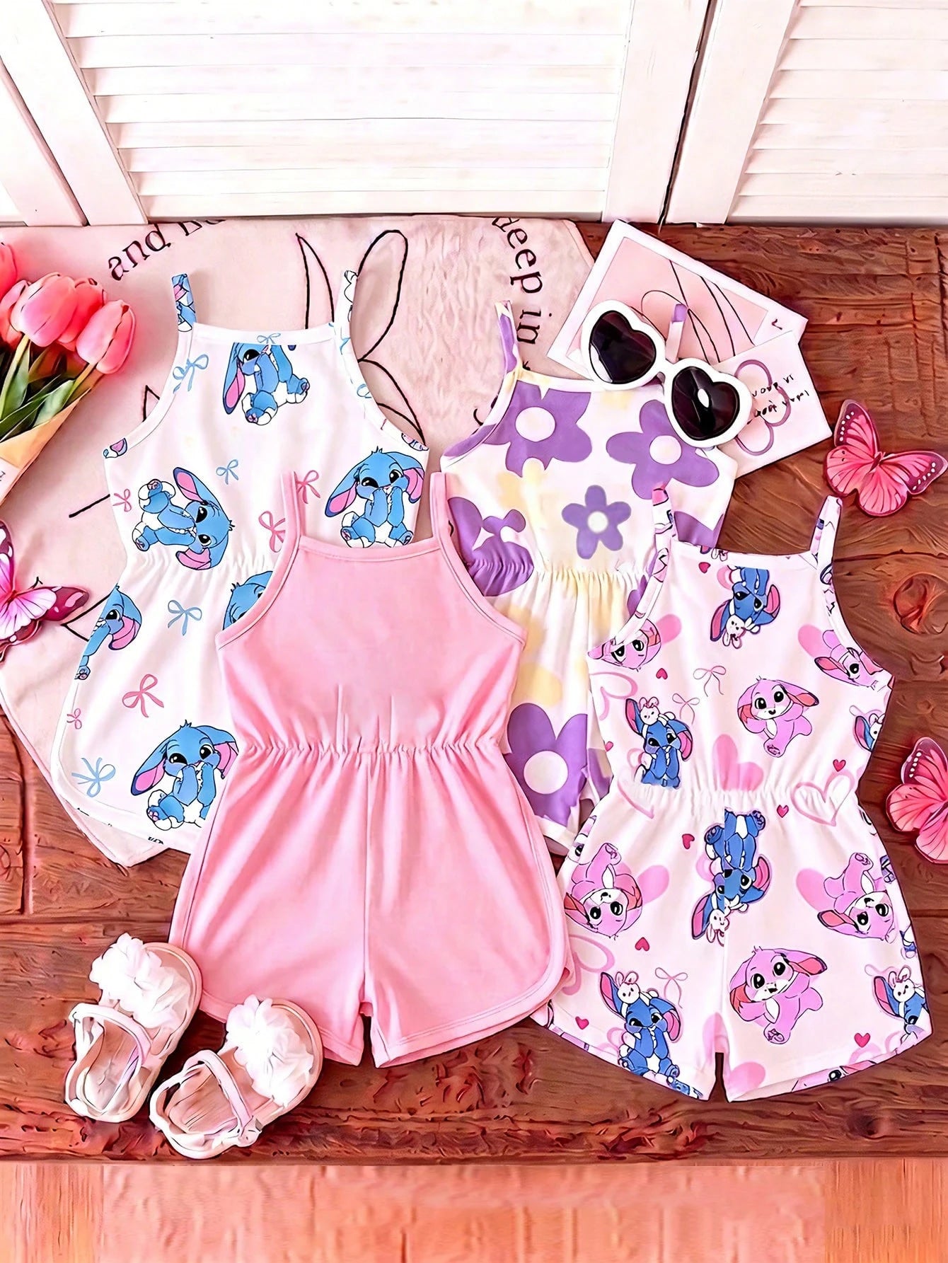 Souflis Souflis Girls' Summer Cartoon Cami Romper Blind Box, 4 Styles Randomly Sent, Soft Cute 1pc, New Round Neck Casual Romper For Baby Girls White Hot Pink