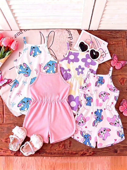 Souflis Souflis Girls' Summer Cartoon Cami Romper Blind Box, 4 Styles Randomly Sent, Soft Cute 1pc, New Round Neck Casual Romper For Baby Girls White Hot Pink