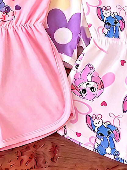 Souflis Souflis Girls' Summer Cartoon Cami Romper Blind Box, 4 Styles Randomly Sent, Soft Cute 1pc, New Round Neck Casual Romper For Baby Girls White Hot Pink