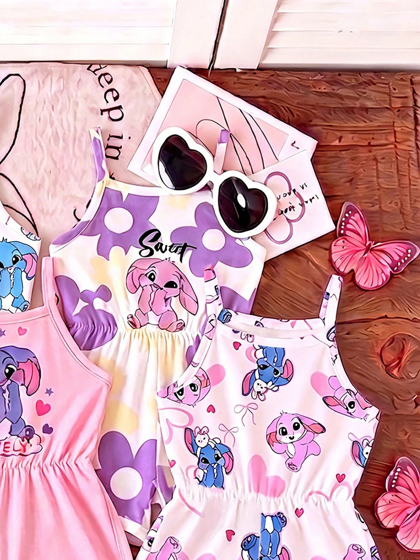 Souflis Souflis Girls' Summer Cartoon Cami Romper Blind Box, 4 Styles Randomly Sent, Soft Cute 1pc, New Round Neck Casual Romper For Baby Girls White Hot Pink