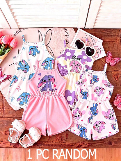 Souflis Souflis Girls' Summer Cartoon Cami Romper Blind Box, 4 Styles Randomly Sent, Soft Cute 1pc, New Round Neck Casual Romper For Baby Girls White Hot Pink