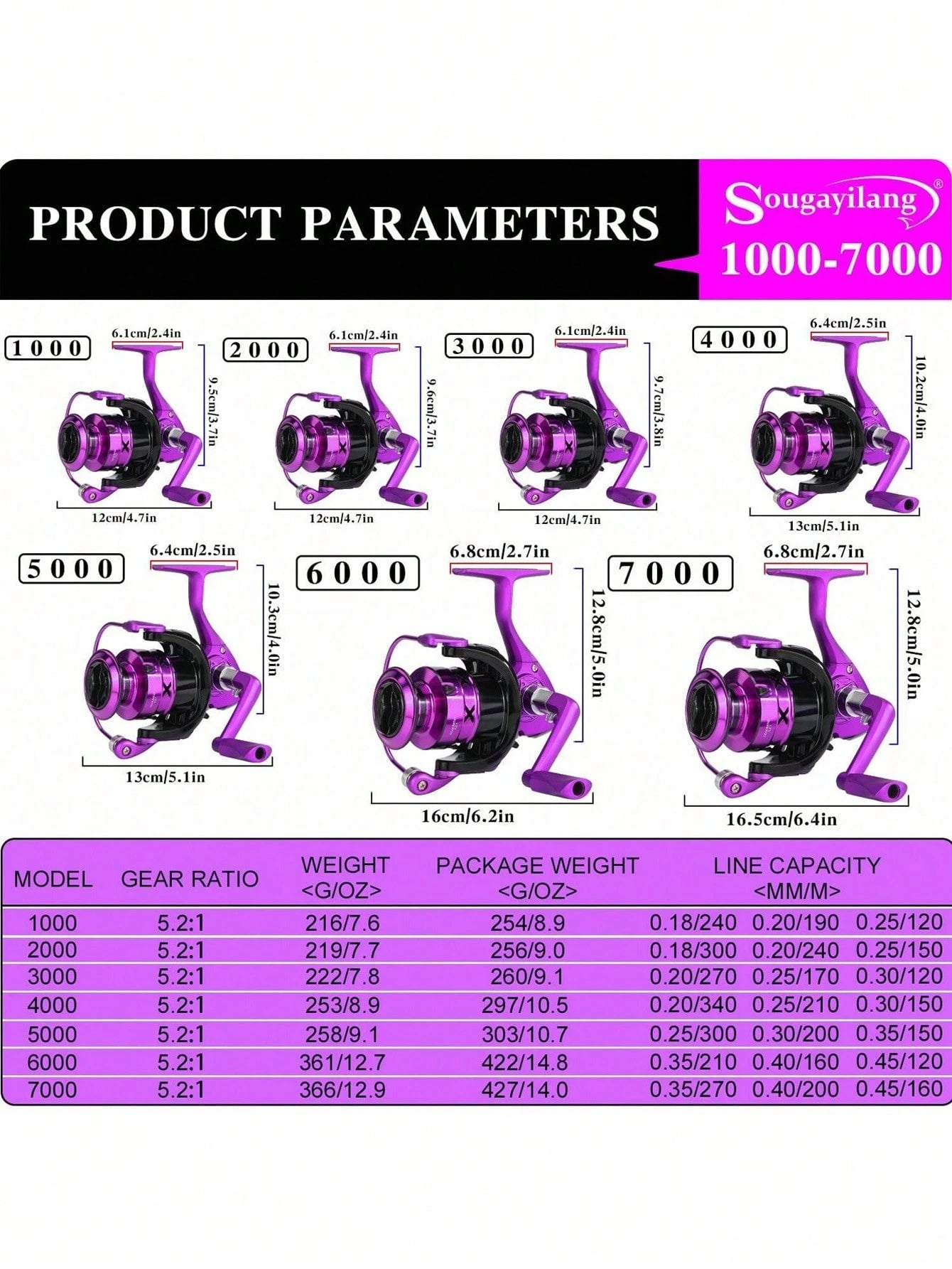 SOUGAYILANG 1Pc Spinning Fishing Reel Aluminum Spool 1000-7000 Series 5.2:1 Gear Ratio Right/Left Inter-Changeable Folding Handle Suitable For Saltwater Fishing Tools