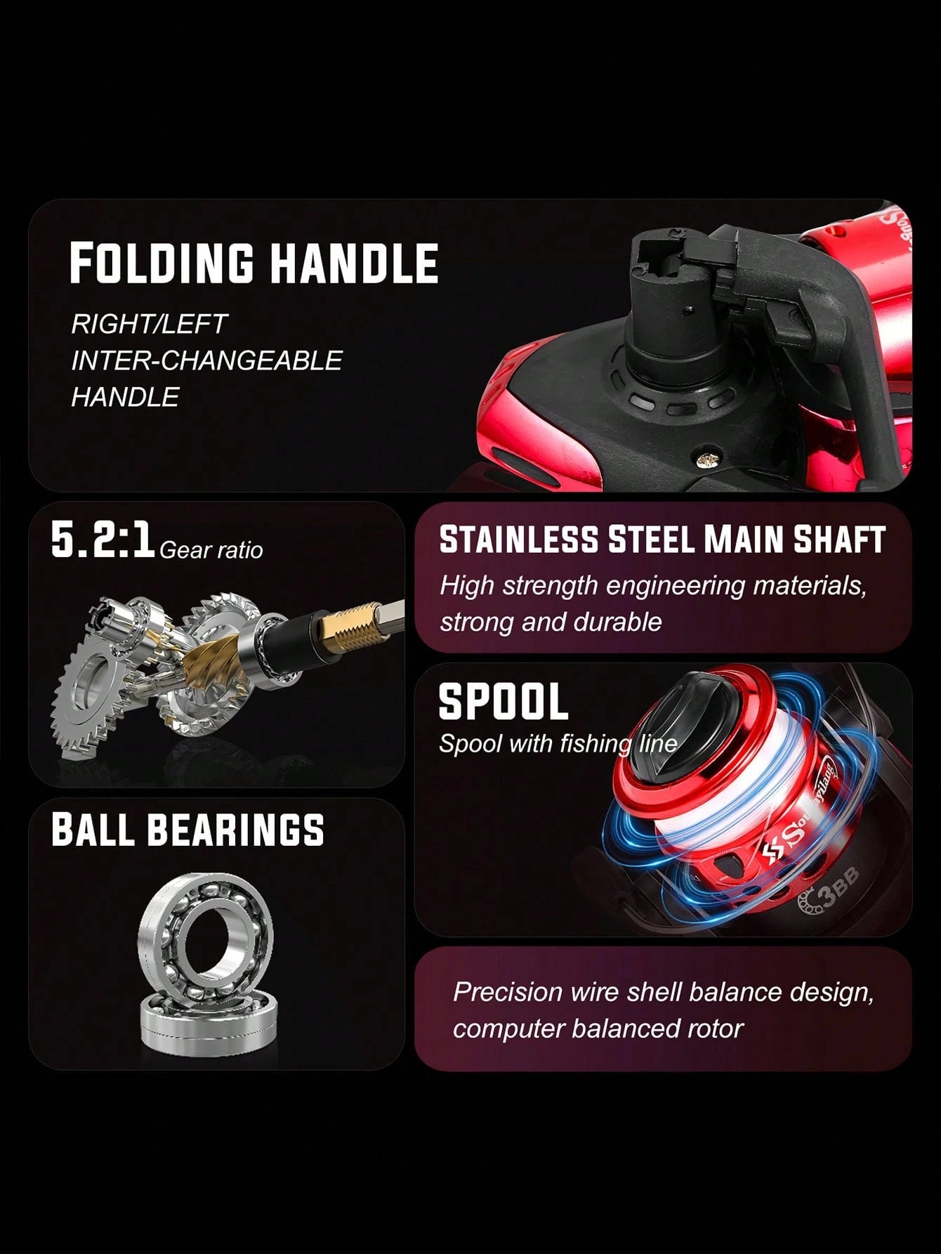 SOUGAYILANG 3BB Foldable Fishing Reel- 5.2:1 Gear Ratio, Interchangeable Handle, Stainless Steel Shaft & Precision Ball Bearings
