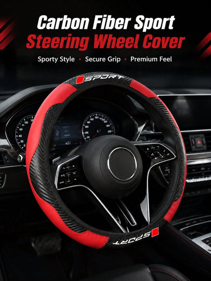 Sporty Carbon Fiber Pattern Steering Wheel Cover, Premium PU Leather With Non-Slip Grip, Universal Fit For 14.5-15 Inch Steering Wheels (Cars/SUVs/Trucks), Racing Style Interior Accessory