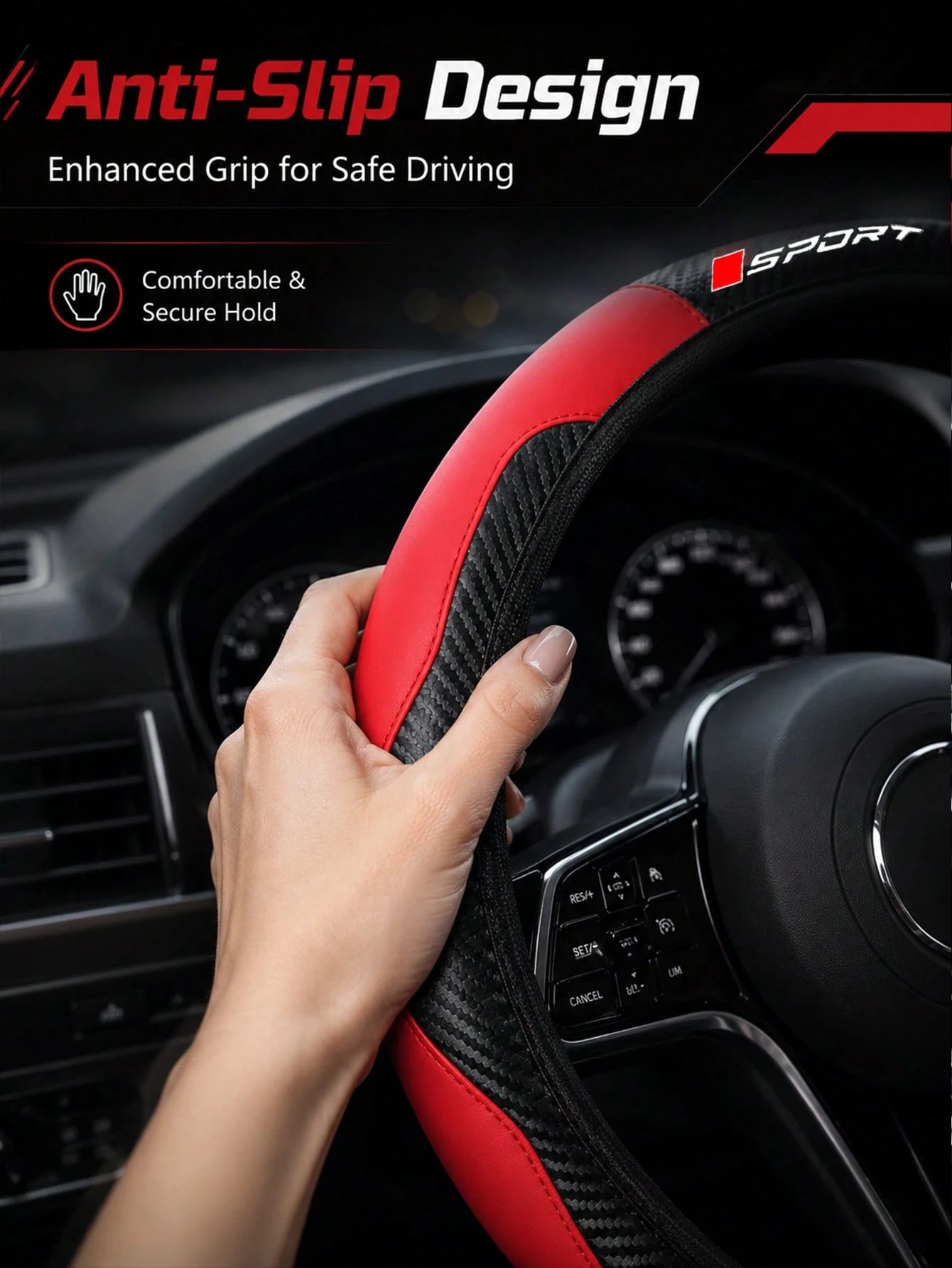 Sporty Carbon Fiber Pattern Steering Wheel Cover, Premium PU Leather With Non-Slip Grip, Universal Fit For 14.5-15 Inch Steering Wheels (Cars/SUVs/Trucks), Racing Style Interior Accessory