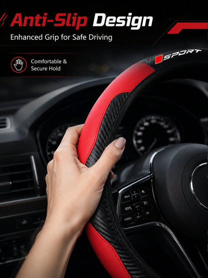 Sporty Carbon Fiber Pattern Steering Wheel Cover, Premium PU Leather With Non-Slip Grip, Universal Fit For 14.5-15 Inch Steering Wheels (Cars/SUVs/Trucks), Racing Style Interior Accessory