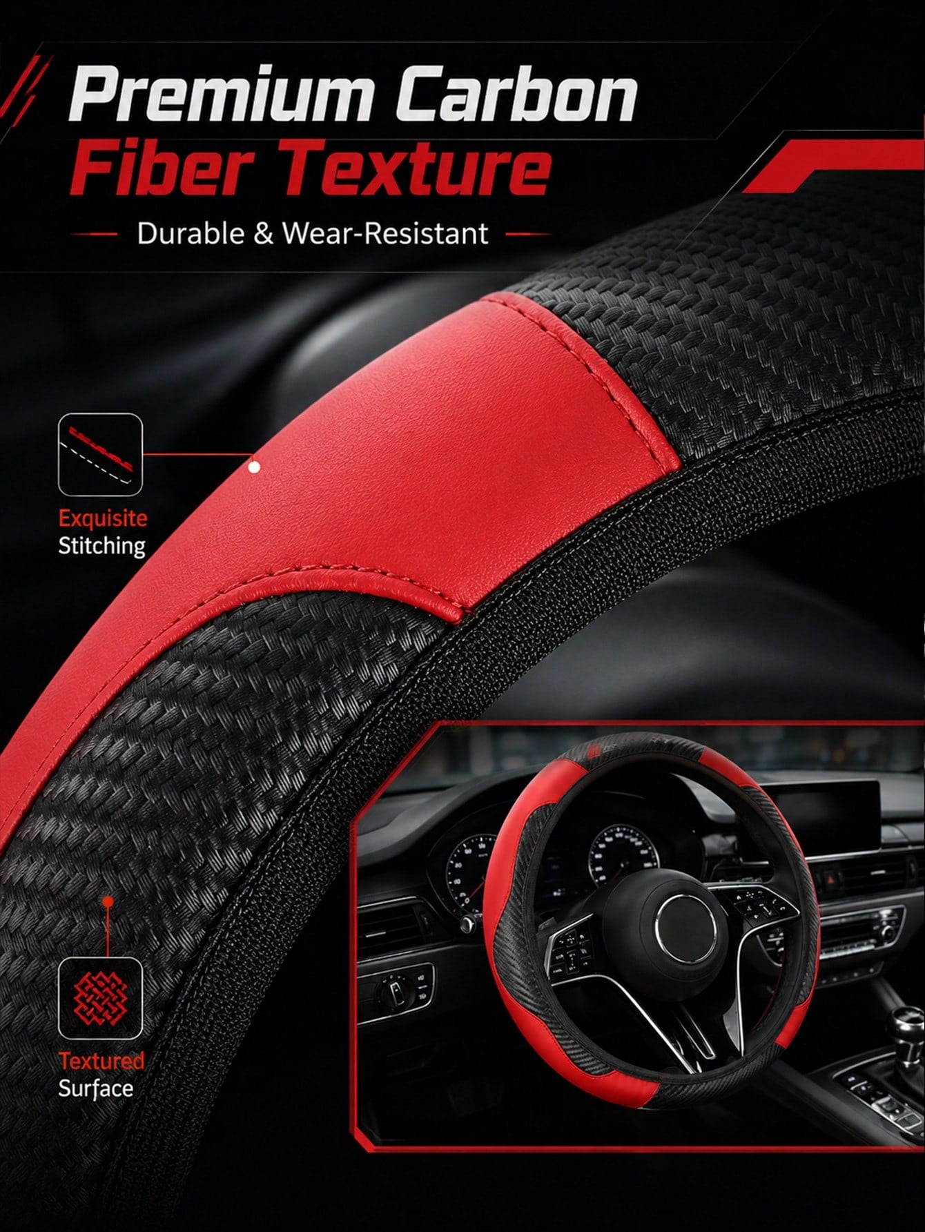 Sporty Carbon Fiber Pattern Steering Wheel Cover, Premium PU Leather With Non-Slip Grip, Universal Fit For 14.5-15 Inch Steering Wheels (Cars/SUVs/Trucks), Racing Style Interior Accessory