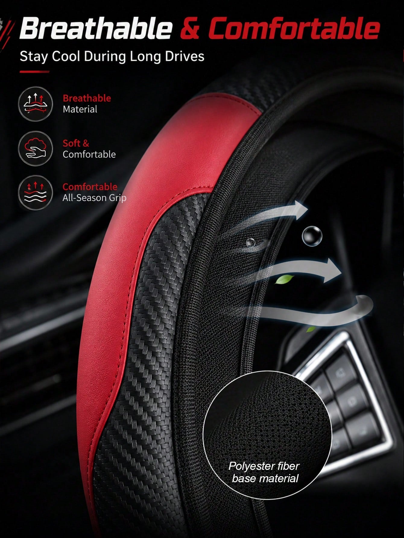 Sporty Carbon Fiber Pattern Steering Wheel Cover, Premium PU Leather With Non-Slip Grip, Universal Fit For 14.5-15 Inch Steering Wheels (Cars/SUVs/Trucks), Racing Style Interior Accessory