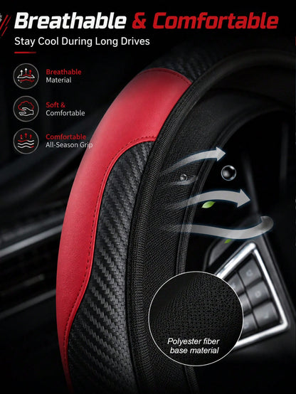 Sporty Carbon Fiber Pattern Steering Wheel Cover, Premium PU Leather With Non-Slip Grip, Universal Fit For 14.5-15 Inch Steering Wheels (Cars/SUVs/Trucks), Racing Style Interior Accessory