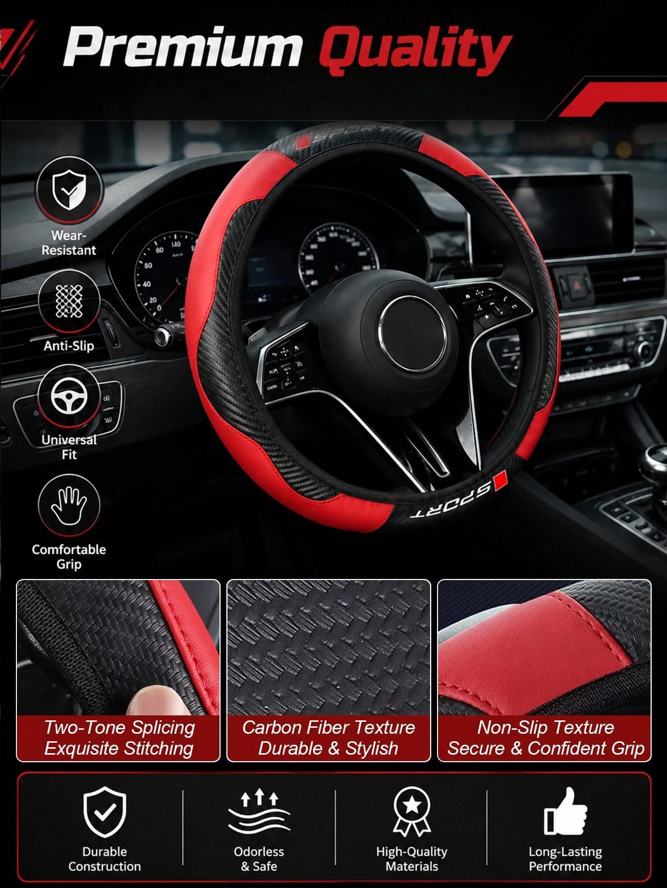 Sporty Carbon Fiber Pattern Steering Wheel Cover, Premium PU Leather With Non-Slip Grip, Universal Fit For 14.5-15 Inch Steering Wheels (Cars/SUVs/Trucks), Racing Style Interior Accessory
