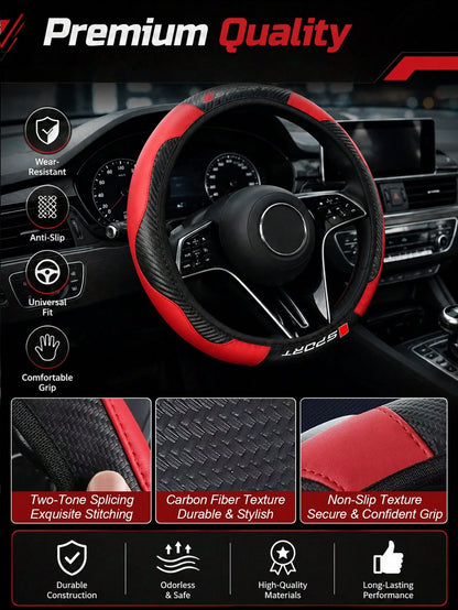 Sporty Carbon Fiber Pattern Steering Wheel Cover, Premium PU Leather With Non-Slip Grip, Universal Fit For 14.5-15 Inch Steering Wheels (Cars/SUVs/Trucks), Racing Style Interior Accessory