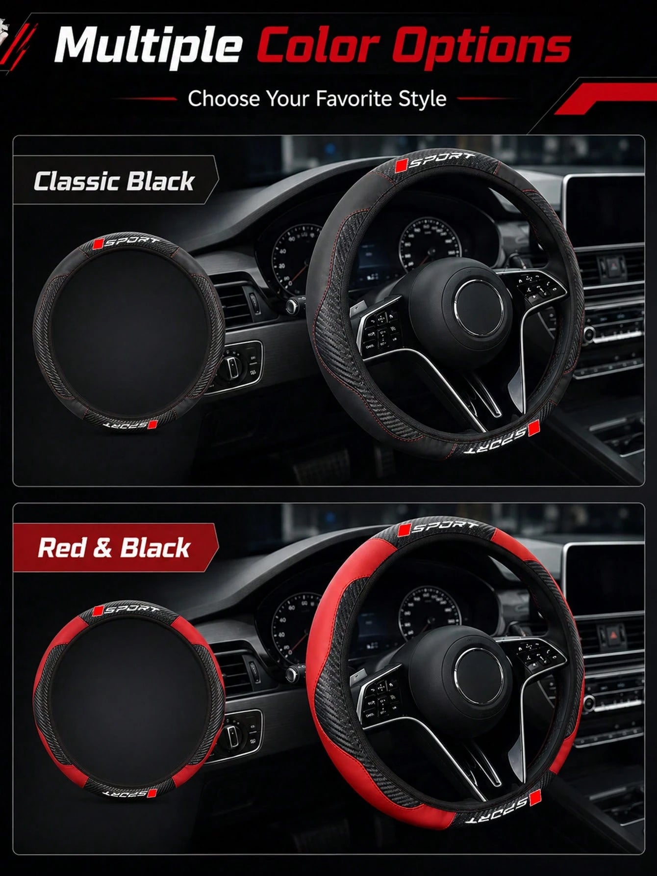 Sporty Carbon Fiber Pattern Steering Wheel Cover, Premium PU Leather With Non-Slip Grip, Universal Fit For 14.5-15 Inch Steering Wheels (Cars/SUVs/Trucks), Racing Style Interior Accessory