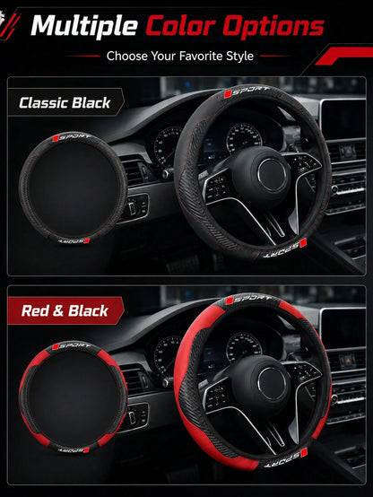 Sporty Carbon Fiber Pattern Steering Wheel Cover, Premium PU Leather With Non-Slip Grip, Universal Fit For 14.5-15 Inch Steering Wheels (Cars/SUVs/Trucks), Racing Style Interior Accessory